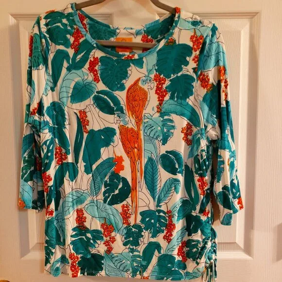 Ruby Rd. floral tropical with parrot, sz PXL 3/4 sleeve - Picture 1 of 5